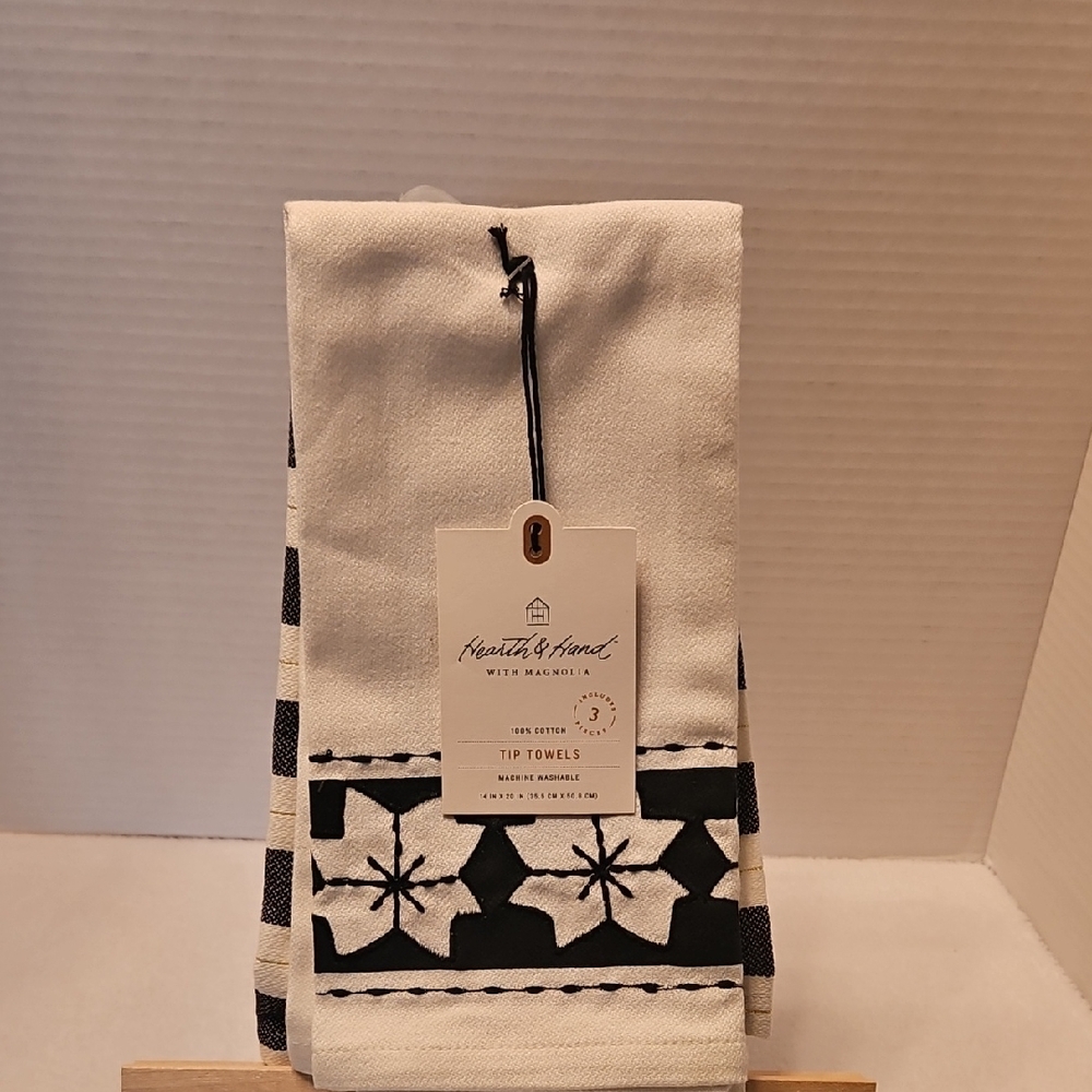 Hearth & Hand Magnolia NWT Black White Embroidery Cotton Tip Towels Set of 3